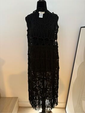 Lira Black Crochet Fringe Maxi Dress with Open Knit Panels
